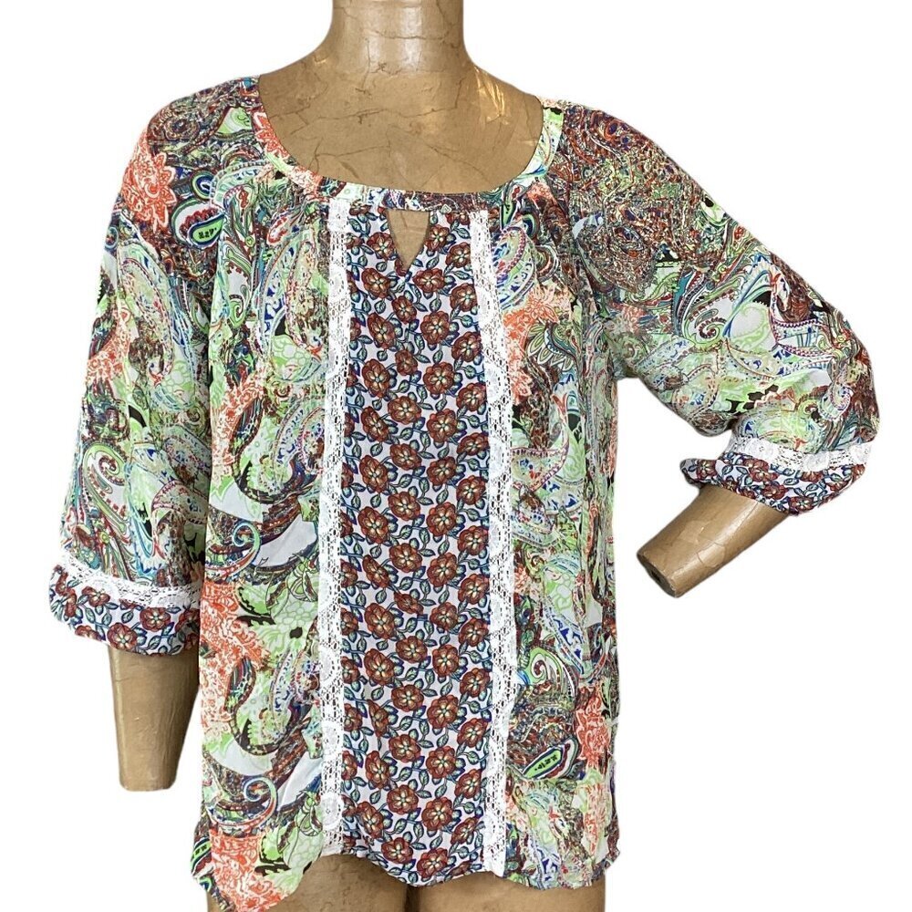 Anthropologie Fig & Flower‎ Peasant Blouse Sheer Lace Accent Sz PL #303E